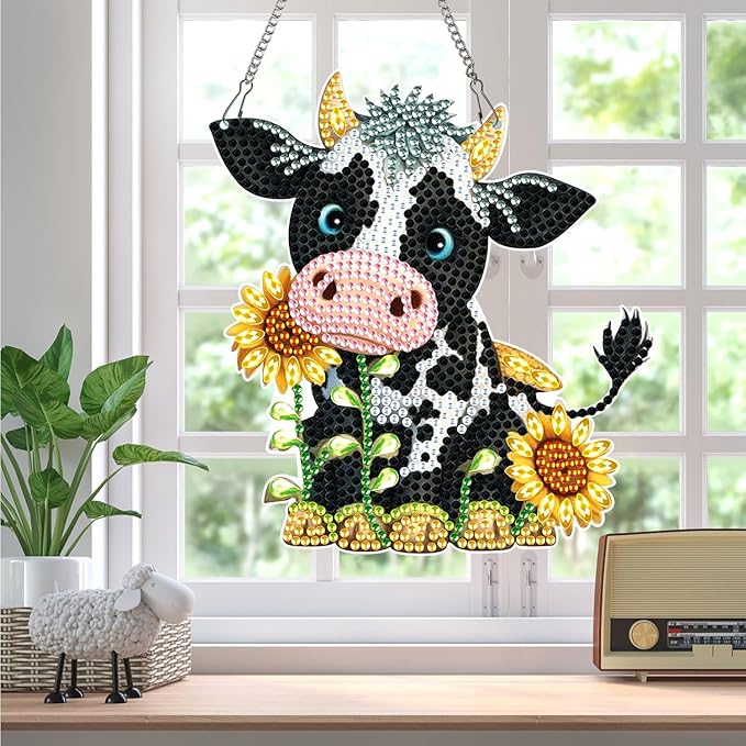 MVVMTOP Diamond Painting Kits Hanging Pendant,Cow Diamond Art Hanging Sign DIY Special Shaped Crystal Wreath Ornaments for Home Decor Gift, HGJ038
