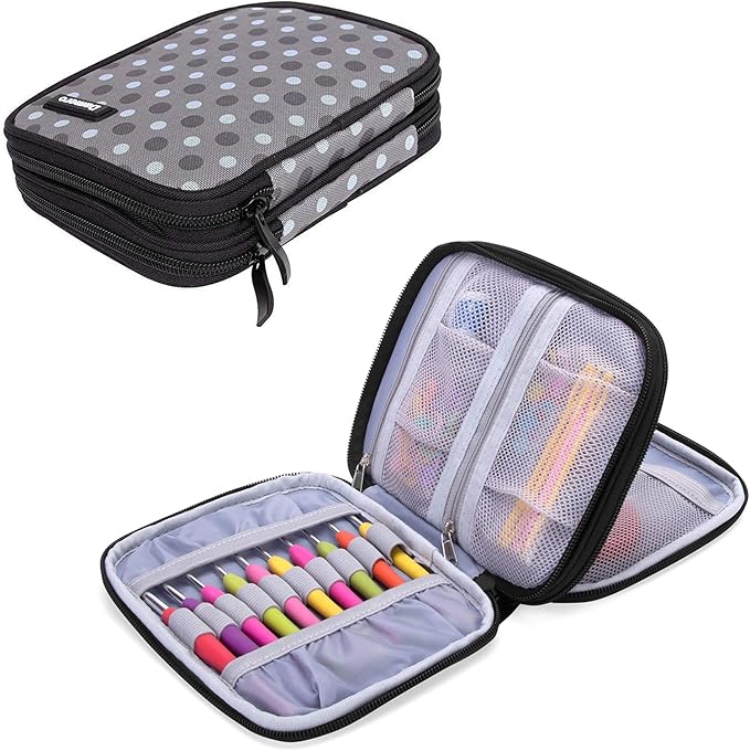 Damero Crochet Hook Case, Organizer Zipper Bag with Web Pockets for Various Crochet Needles and Knitting Accessories, Well Made and Easy to Carry, Medium, Gray Dots (No Accessories Included)