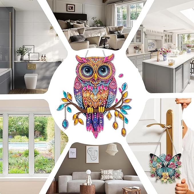 SKRYUIE Owl Hanging Diamond Art Kits for Adults Pendant Suncatcher, Special Shaped Crystal DIY Pearl Diamond Painting Kit, Gift for Mother Spring Summer Window Wreath Decor 7.49 x 6.7 Inch A30