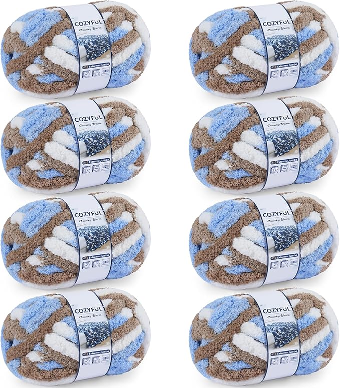 Chunky Yarn for Hand Knitting - #10 Chunky Chenille Blanket Yarn, Jumbo Big Thick Chunky Yarns for Crocheting, Tie Dye Bulky Knit Yarns, 8 Skein (25 yds 8 oz Each Skein), Khaki & Blue & White