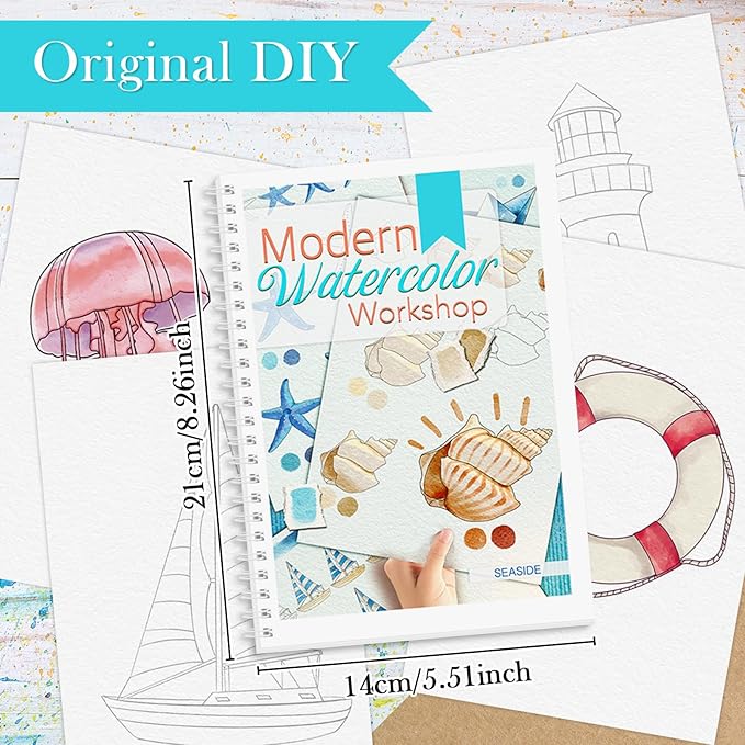 Watercolor Workbook, Watercolor Workbook Paint Book Beginner Friendly, 12 Different Patterns Stress-Relieving Art Crafts for Creative Exploration Gift for Women Adults Teens (Seaside, 1)