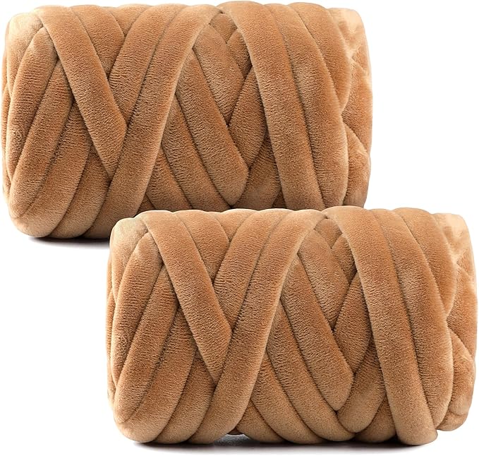 Chunky Yarn for Hand Knitting & Arm Knitting - 2-Pack Value Bundle (1.32lb Total) of Super Bulky Velvet Chenille Tube Yarn for Larger DIY Projects | No-Tool, Machine Washable, Caramel
