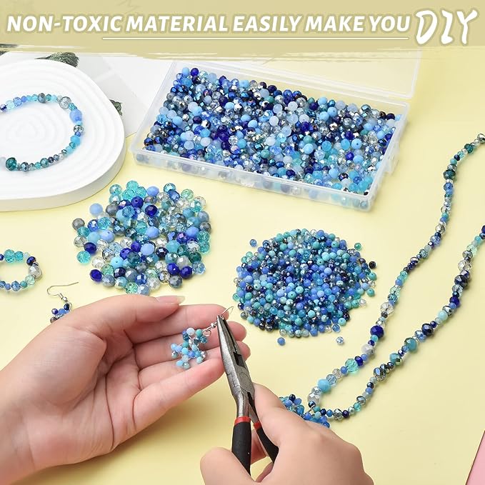 4/6/8mm Crystal Glass Beads,3 Sizes Total 1000pcs Faceted Briolette Rondelle Beads with Container,Loose Spacer Beads for DIY Beading Projects,Earrings,Necklaces(Blue Color)