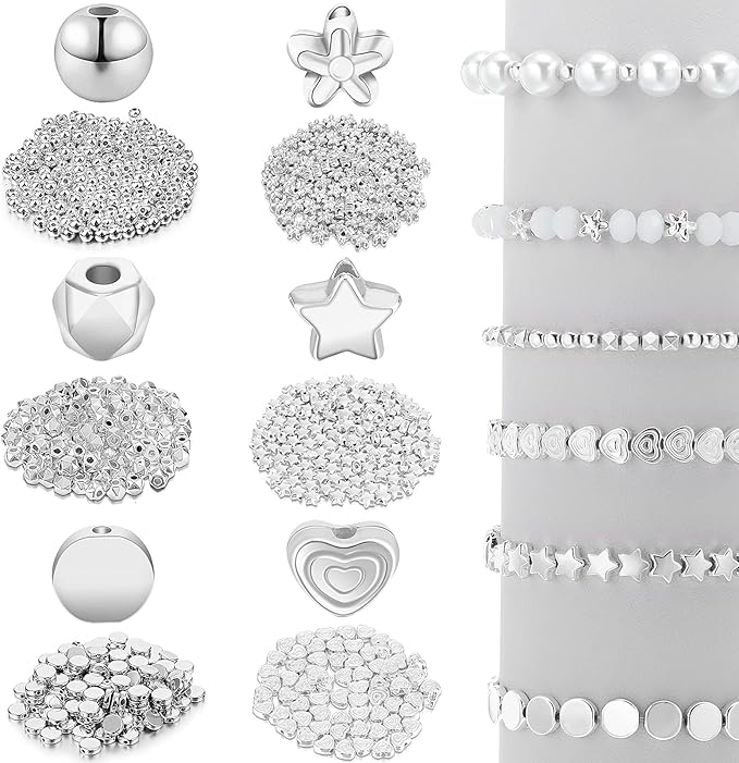 Hicarer 1200 Pieces White Spacer Beads Set Bead Bracelet Making Kit for Jewelry Making Assorted Star Round Flower Pony Beads for Friendship Bracelets DIY Crafts Gifts