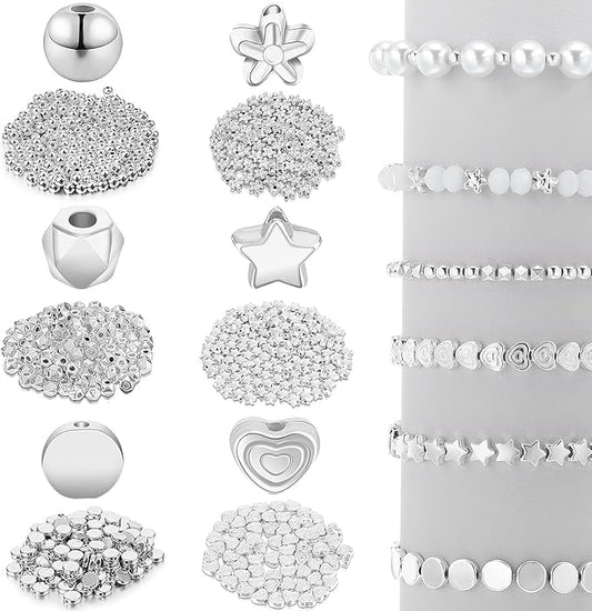 Hicarer 1200 Pieces White Spacer Beads Set Bead Bracelet Making Kit for Jewelry Making Assorted Star Round Flower Pony Beads for Friendship Bracelets DIY Crafts Gifts