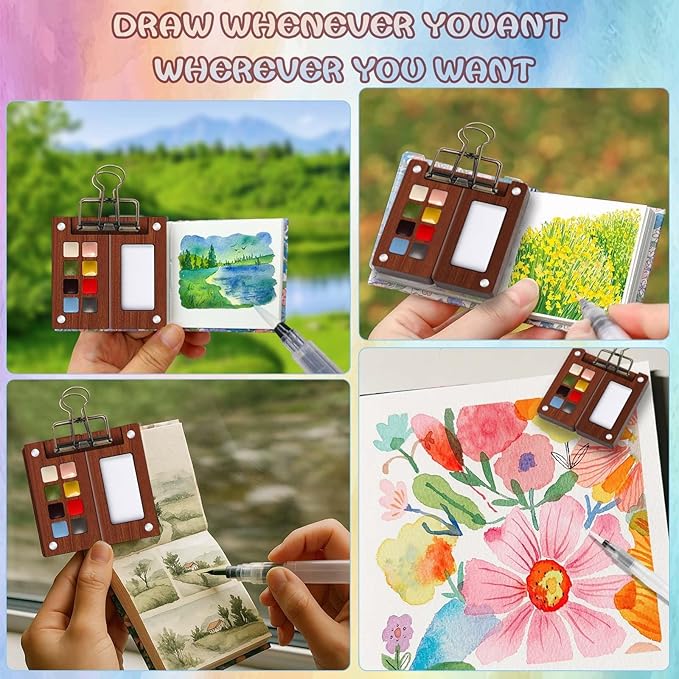 Mini Watercolor Paint Set – Travel Watercolor Set with 8 Color Palette, 300g Sketchbook, Water Brushes, Clip & Storage Bag, Pocket Size Portable Water Color Kit for Artists, Students & Beginners