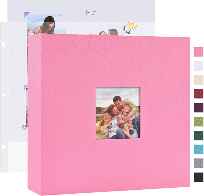 Mublalbum 10x10 Inch DIY Scrapbook Photo Album with 40 Plastic Sleeves 80 Pages Linen Cover 3 Ring Folder Binder for Wedding Baby Family and DIY Projects (Pink)