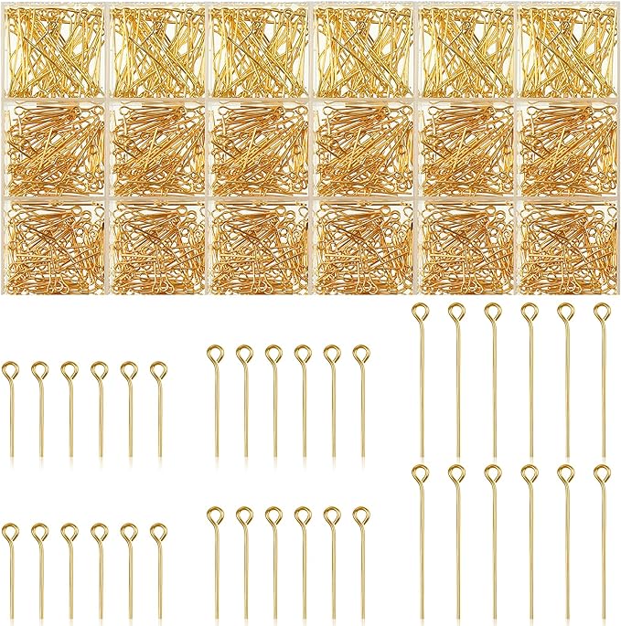 Junkin 1400 Pcs Eye Pins Mix Jewelry Findings 0.63 * 0.79 * 1.18 in Open Eye Head Pins Findings for Jewelry Making DIY Necklace Bracelets(Retro Gold)