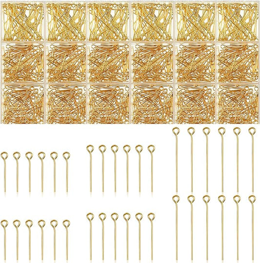 Junkin 1400 Pcs Eye Pins Mix Jewelry Findings 0.63 * 0.79 * 1.18 in Open Eye Head Pins Findings for Jewelry Making DIY Necklace Bracelets(Retro Gold)