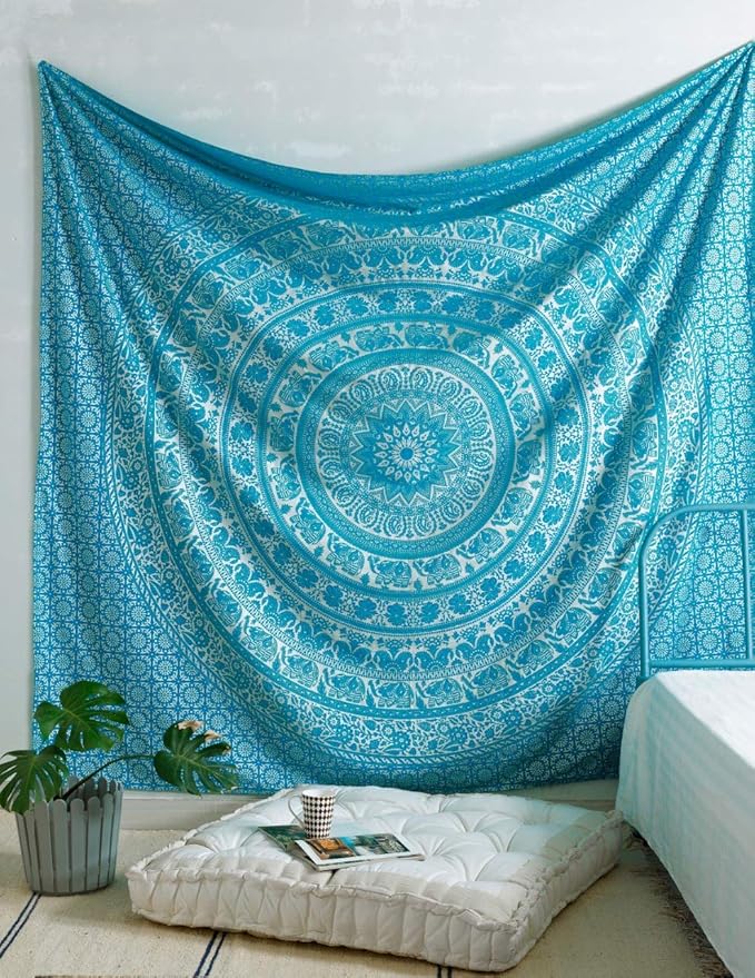 popular handicrafts new launched elephant tapestry mandala tapestries wall art hippie wall hanging bohemian bedspread with metallic shine tapestries tarquoise and silver