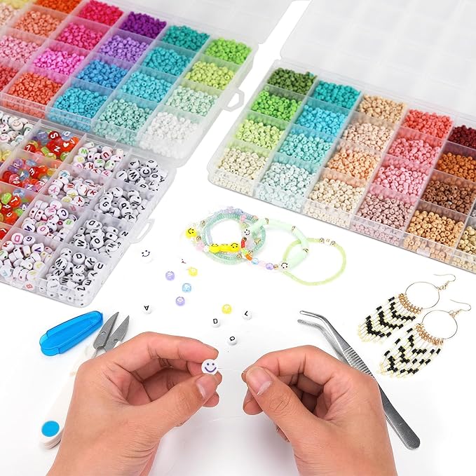TEXGIZRLY 3mm Seed Beads for Jewelry Making, 48 Colors Bracelet Making Kit for Adults, Friendship Bracelet Kit with Letter Beads, Beads for Bracelets