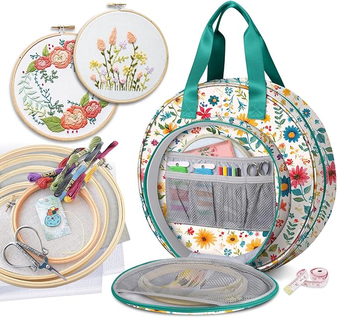 FINPAC Embroidery Project Bag, Embroidery Supplies Storage Carrying Tote Case with Multiple Pockets for Floss, Hoops, Thread, Stitch Tools Kit [Bag Only], Apricot Bloom