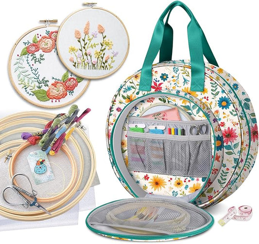 FINPAC Embroidery Project Bag, Embroidery Supplies Storage Carrying Tote Case with Multiple Pockets for Floss, Hoops, Thread, Stitch Tools Kit [Bag Only], Apricot Bloom