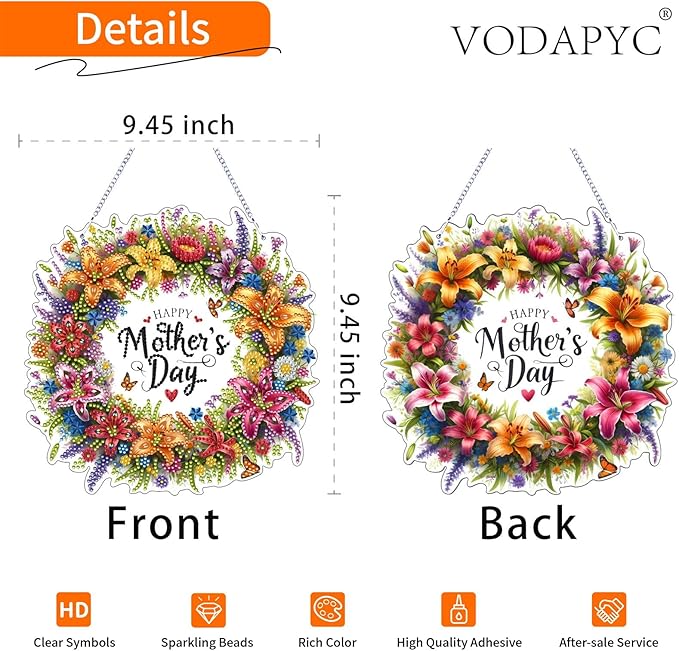VODAPYC Mother's Day Diamond Art Hanging Kits for Adults, Acrylic DIY Double Sided Special Shaped Flower Diamonds Art Windows Pendant Ornament(Mother's Day Wreath)