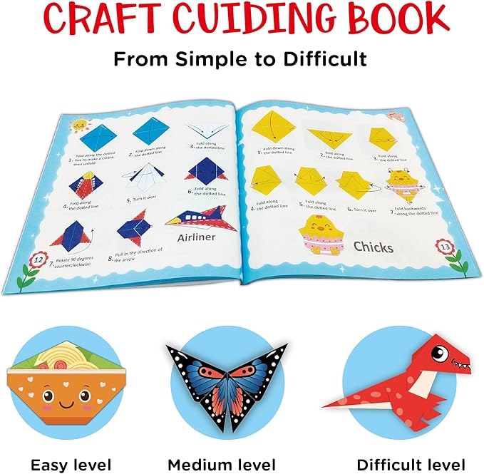 Origami Paper origami for Kids 5-8, foldology for kids100 Sheets Folding Paper (45Patterns×2+10Blank) with clear Guiding Book, Animals Dinosaur Art Activity DIY Craft Set Gifts