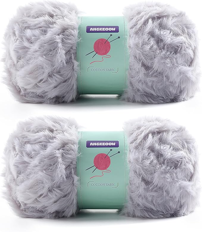 2 Skeins Faux Fur, Soft Fluffy Yarn for Crocheting, Chunky Fuzzy for Amigurumi/Hats/Shawls - Bulky Velvet Yarn (Total Length: 71 Yards) - Light Gray