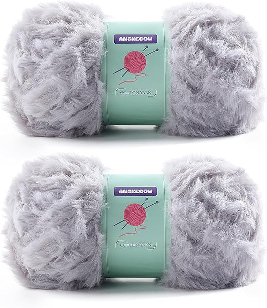 2 Skeins Faux Fur, Soft Fluffy Yarn for Crocheting, Chunky Fuzzy for Amigurumi/Hats/Shawls - Bulky Velvet Yarn (Total Length: 71 Yards) - Light Gray