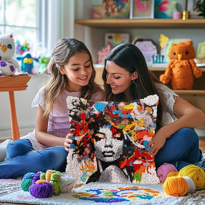 Graffiti Abstract African Woman DIY Latch Hook Pillow Kits for Adults Printed Pillowcase Crochet Yarns Hooking Handmade Pillow Cover Cushion for Home Sofa Decoration 17x17inch(1)