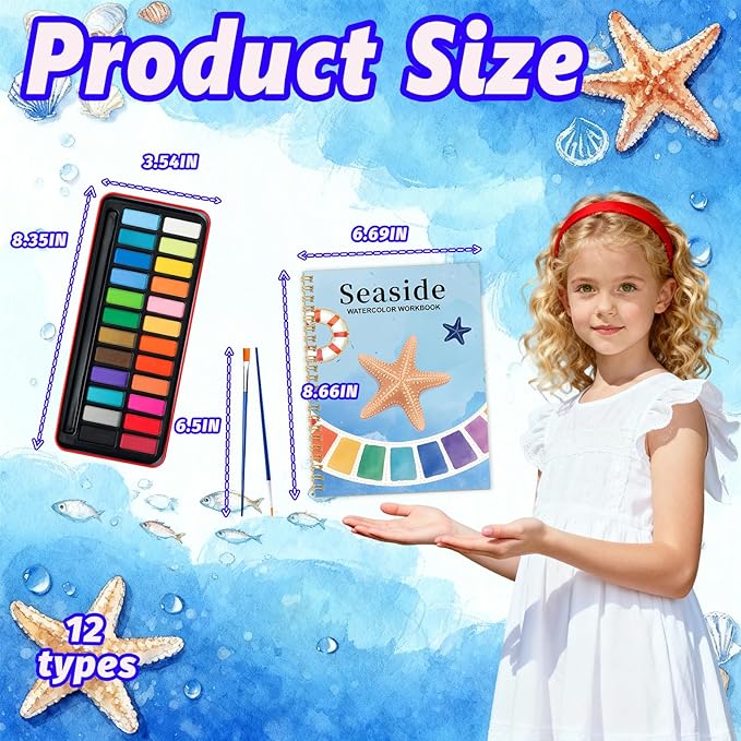 Watercolor Workbook - Coloring Book Beginner Friendly Painting Kit, Watercolor Workbooks for Adults with 24 Colors Paint, Exploration Gift for Adults Teens (Seaside)