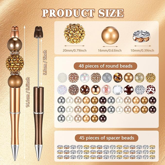 Geyee 15 Pcs Plastic Beadable Pens Assorted Bead Pens Multicolor Bubblegum Crystal Spacer Beads, Black Ink Ballpoint DIY Set, Back to School Gift for Student Summer Ocean Party Gifts(Gold Brown)