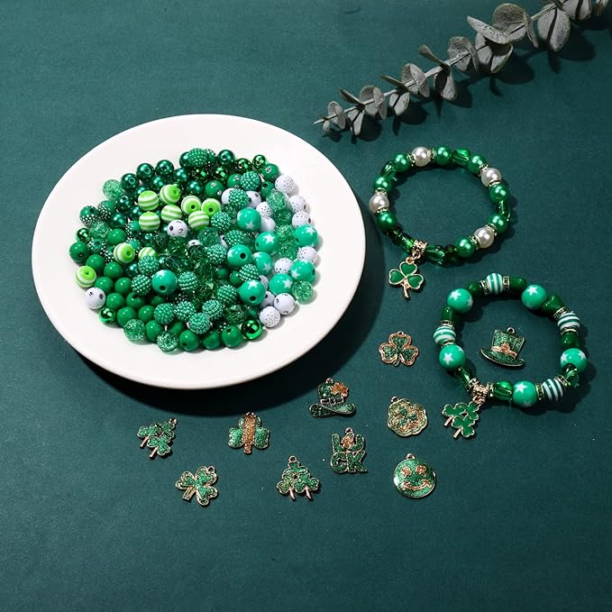 1600PCS+ St.Patrick’s Day Beads for Jewelry Making, Green Polymer Clay Beads Assorted Rhinestone Crystal Acrylic Beads Spacer Beads Shamrock Charms for Bracelet Necklace Making DIY Crafts Gifts