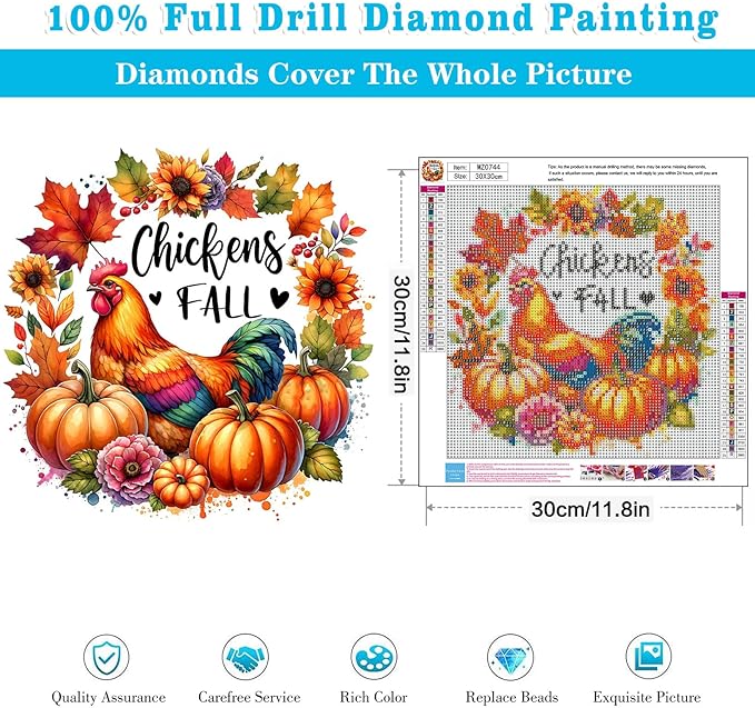 Meothan Fall Diamond Art Kits for Adults, Chicken Pumpkin Diamond Painting Kits for Adults, 5D DIY Round Full Drill Gem Art Paint by Diamonds Dots Crafts Kits for Home Decor Gift 12x12inch