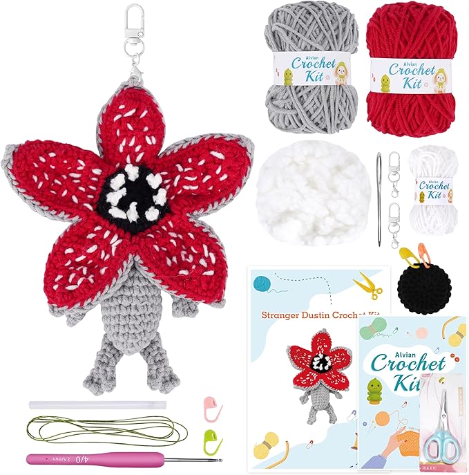 Alvian Monster Crochet Kit for Beginners – Amigurumi Demogorgon-Inspired Keyring DIY Craft with Step-by-Step Video Tutorial All-in-One Crochet Starter Kit with Yarn & Tools