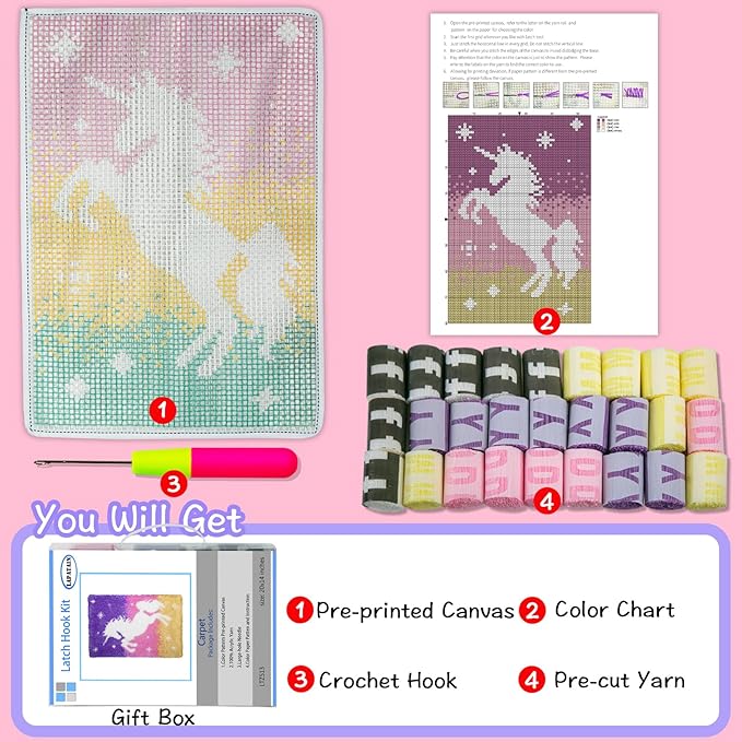 LAPATAIN Latch Hook Kits DIY Crochet Yarn Kits,Unicorn Carpet Embroidery Hook Rug Kit Needlework Sets Cushion for Adults Home Decor 20x15inch