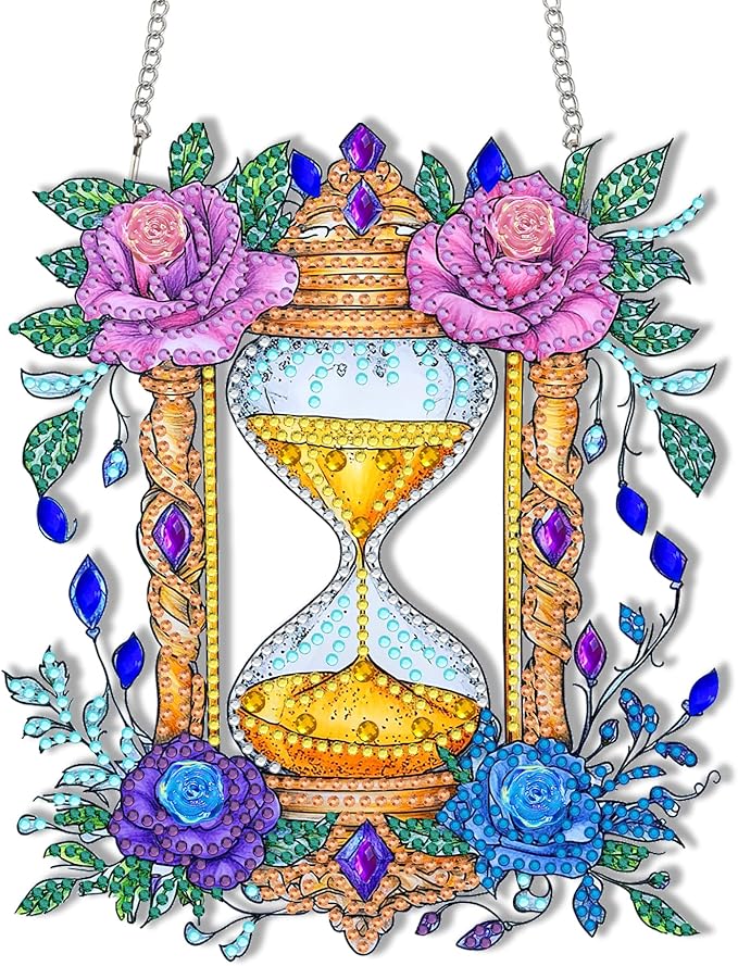 Reofrey Hanging Diamond Art Kits for Adults– 8x8 Inch Hourglass Acrylic Board Double Sided Pattern Diamond Painting Suncatcher Pendant, DIY Crystal Art for Home Wall or Window Decoration Handmade Gift