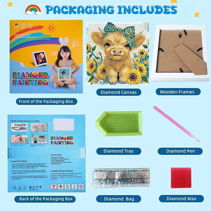 Gearock Diamond Art Kits with Wooden Frame, Easy DIY 5D Diamond Painting Kits, Flowers Cow Cute Big Gem Kits for Adults Beginners Animal Lovers Halloween Christmas Birthday Gifts