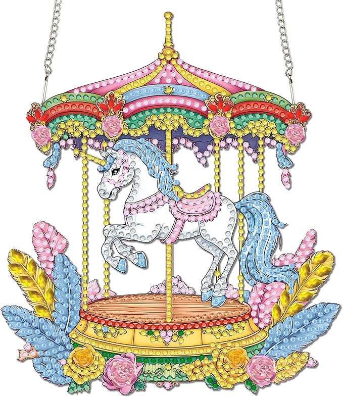 Reofrey Hanging Diamond Art Kits for Adults - 8x8 Inch Carousel Acrylic Board Double Sided Pattern Diamond Painting Suncatcher Pendant, DIY Crystal Art for Home Wall or Window Decoration Handmade Gift