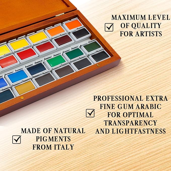 Watercolor Set Professional | 24 Richly Pigmented Colors (XL Pans) in Wooden Box | Artist Grade Watercolor Professional Paint Set
