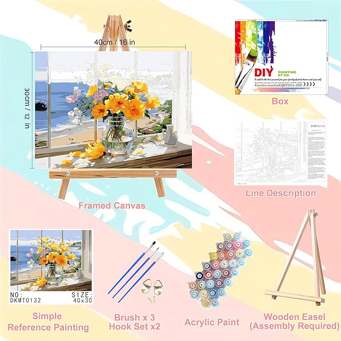 Vase Flower Paint by Numbers for Adults with Framed Canvas-with Wooden Easel,Paint by Number on Canvas Flowers,DIY Acrylic Oil Painting Kits with Brushes Nice Gift Box for Home Wall Decor(12x16inch)