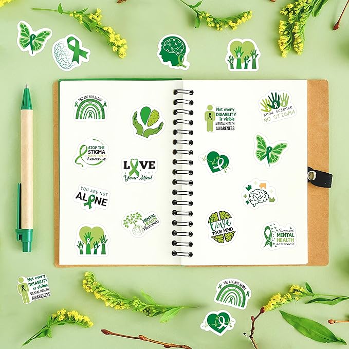 beyumi mental health awareness stickers - 1000pcs mental health stickers in 2 rolls novelty green ribbon waterproof vinyl decals for laptop bottle scrapbooking envelopes gifts classroom for kids teens