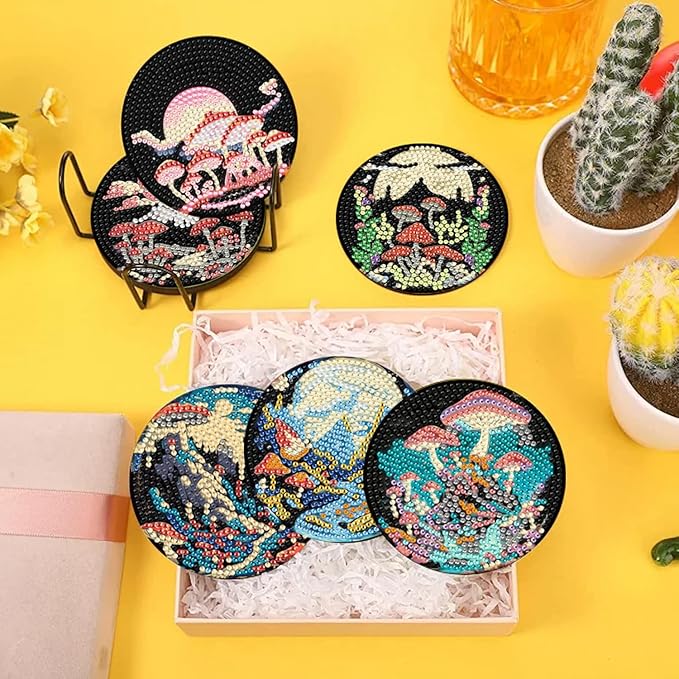 EWJRNSF 10 PCS Diamond Art Coasters Kit, Small Diamond Painting Coasters, Fall Diamond Art Kits for Adults Beginners, Arts and Crafts Supplies Item Sets with Holder Mushroom