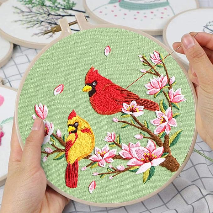 Nuberlic 3 Pack Embroidery Kit for Beginner Adults, Cross Stitch Set with Cardinal & Blue Bird Patterns, Includes Cloth, Hoops, Threads, Needles, Instructions