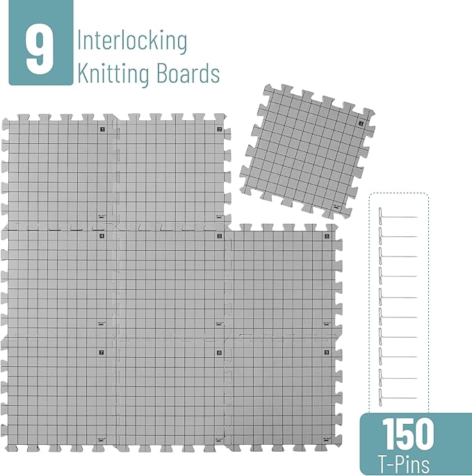 Mr. Pen- Blocking Mats for Knitting & Crochet Projects, 12" x 12", 9 Pack with 150 pcs T-Pins, Gray Aligned Grid Knitting Blocking Mats and Pins, Water & Heat Resistant