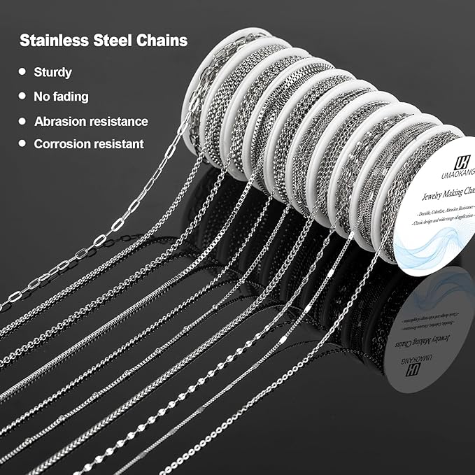 UMAOKANG Stainless Steel Chain for Jewelry Making 78.7 Feet 10 Rolls Stainless Steel Chains Bulk for Necklace Bracelet DIY Jewelry Making Supplies Findings