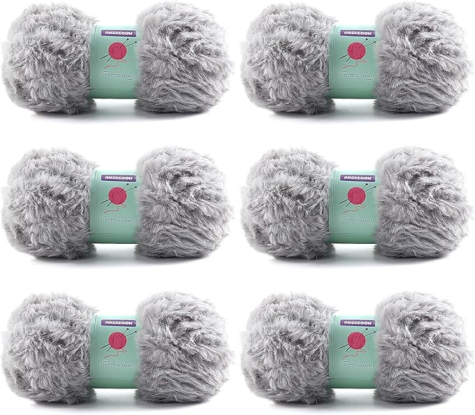 TotalEYE Faux Fur & Velvet Yarn (6 Skeins)-Soft Fluffy, Bulky Eyelash, Chunky Fuzzy for Crochet Amigurumi/Hat/Shawls - White, Dark Gray (71x2 Yards)