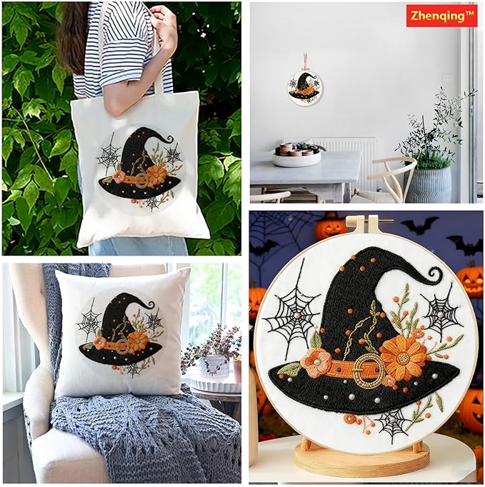 Zhenqing Halloween Witch Hat Embroidery Kit for Beginners - 29x29cm Printed Fabric with Hoop & Full Tools (Black Hat with Orange Flowers) (C0119)