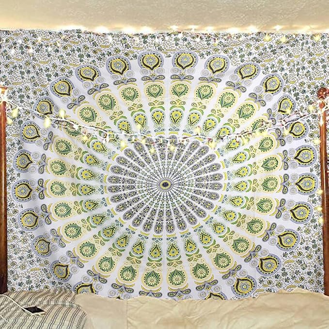 bless international handmade indian hippie bohemian psychedelic peacock mandala wall hanging college dorm beach throws table cloth bedding tapestry (yellow green, queen(84x90inches)(215x230cms))