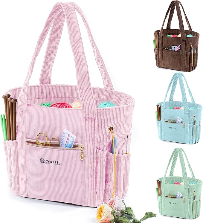 Corduroy Crochet Bag 11.5" Large Yarn Storage Tote with Grommets, Needle Holders – Knitting Bag Organizer for Crochet Hooks, Accessories, Tools & Projects –Gift for Knitters & Crafters