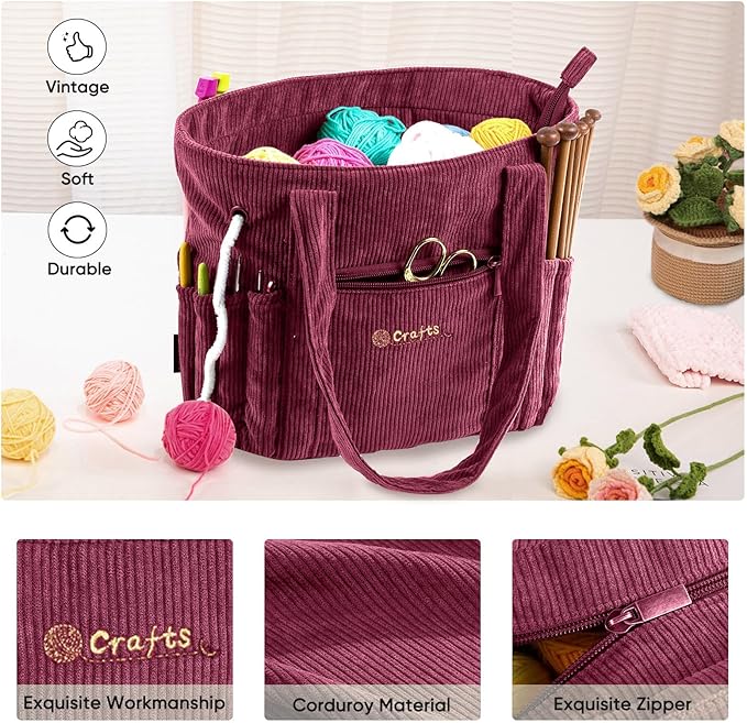 Crochet Bag and Tote - Corduroy Yarn Bag - Yarn Holder for Crocheting - Crochet Storage Bag for Crochet Hooks, Crochet Accessories, Knitting Bag for Crochet Lovers, Mother's Day Gift