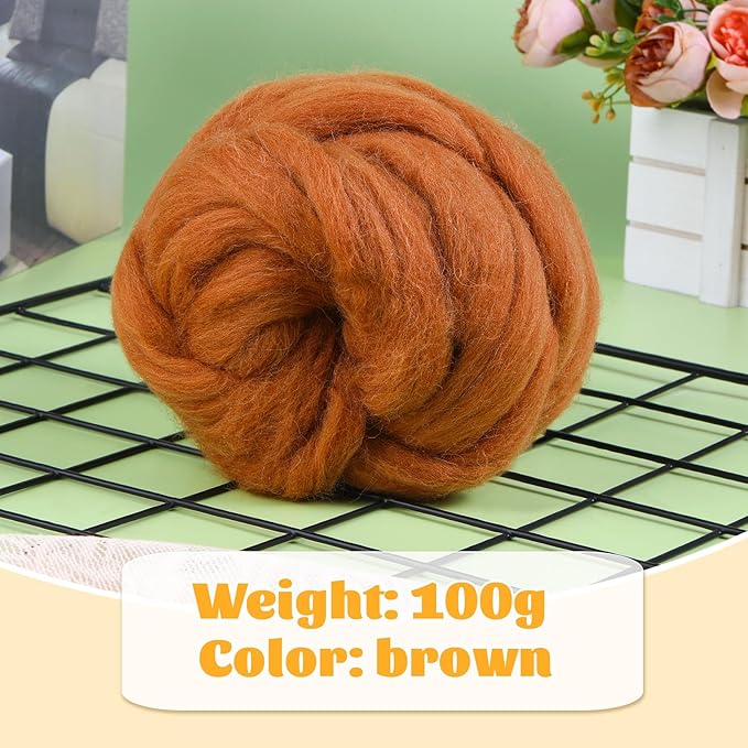 3.53oz Wool Roving, Wool Felting Supplies, Pure Wools, Chunky Yarn, Spinning Wool Roving for Needle Felting Wet Felting DIY Hand Spinning (Light Brown)