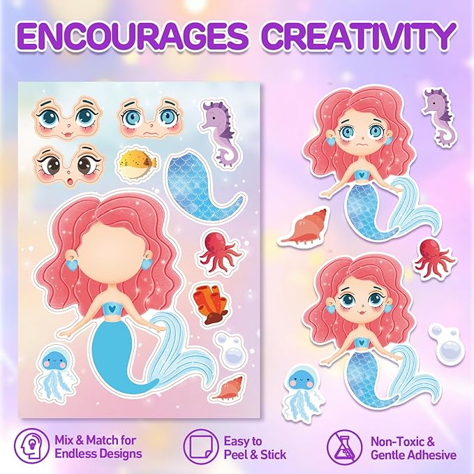 aowplc 32 sheets mermaid make‑a‑face stickers for kids, mermaid party favors for girls, birthday crafts, goodie bag stuffers
