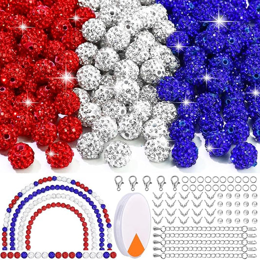 Dowarm 255PCS 10mm Rhinestone Beads for Baseball Rhinestone Necklace Bracelet Jewelry Making, Round Polymer Clay Beads for Crafts Beaded Pens, DIY Shamballa Pave Disco Diamond Bead, White|Red|Blue