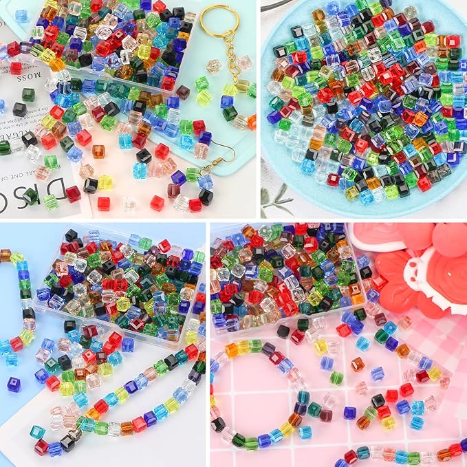 100 Pcs 8mm Cube Crystal Glass Beads for Jewelry Making, Square Crystal Beads with Box, Crystal Spacer Beads for DIY Craft Bracelets Charms Wind Chimes(Green)
