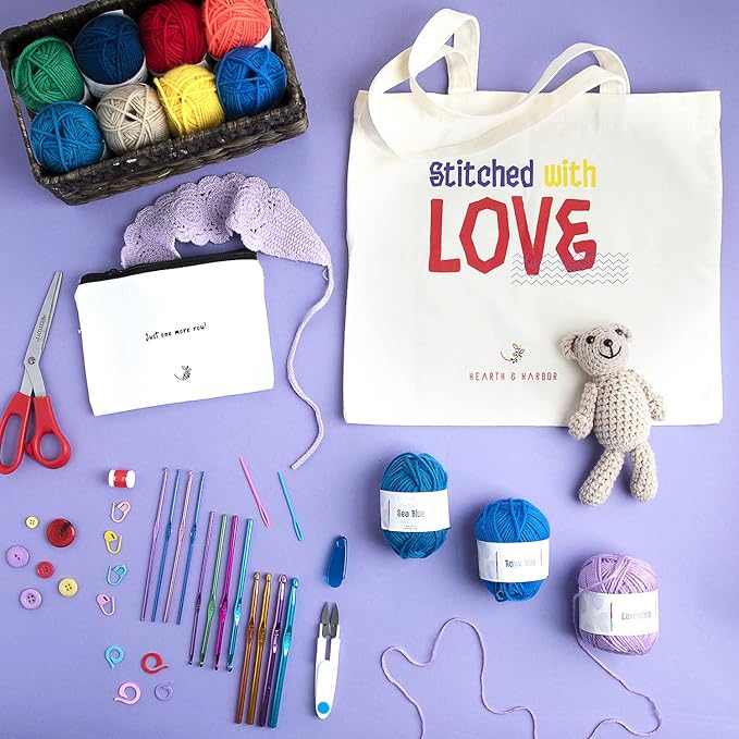 hearth & harbor 43 piece crochet kit for beginners adults and kids, small set with 9 hooks 55 yards of yarn crocheting kit, canvas tote bag lots more - beginner