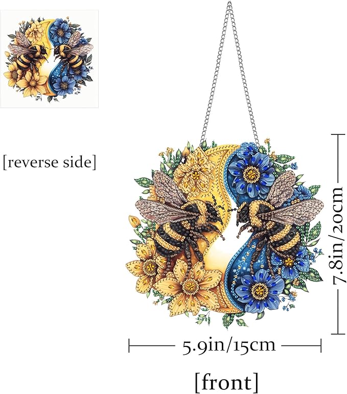 Pavemlo Hanging Diamond Art Kits for Adults Bees – 8x8 Inch Double-Sided Acrylic Board DIY Crystal Diamond Suncatcher Pendant, Sparkling Home Wall or Window Decoration Handmade Gift