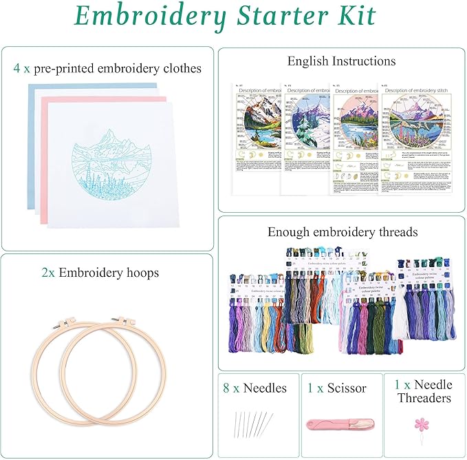 harimau 4p in beginner embroidery kit,floral plant pattern,cross stitch kits, including stamped embroidery cloth with 2 embroidery hoops, color threads and embroidery kits